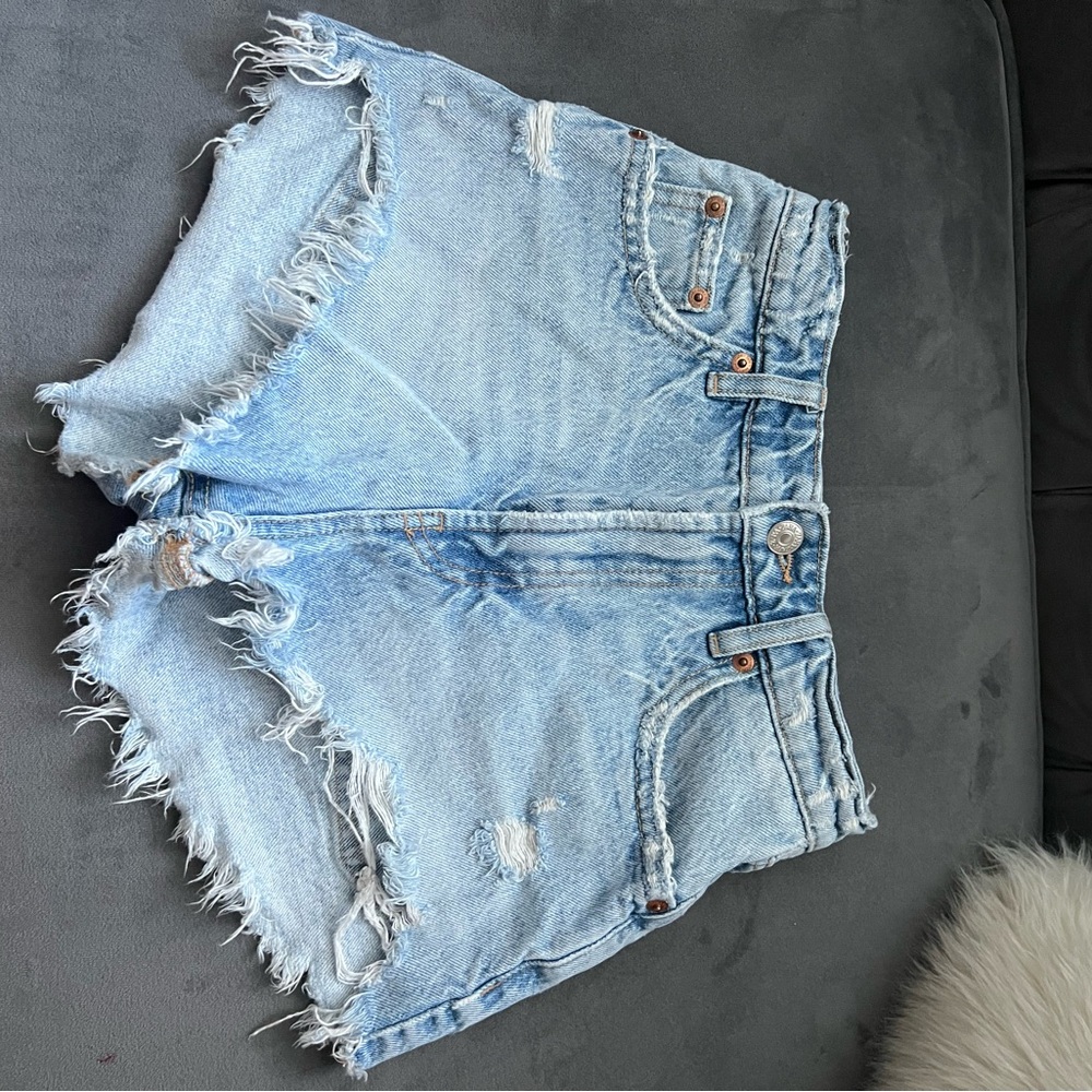Zara Light Blue Distressed Denim Cutoff Shorts